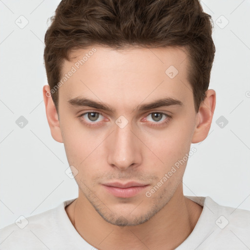 Neutral white young-adult male with short  brown hair and brown eyes