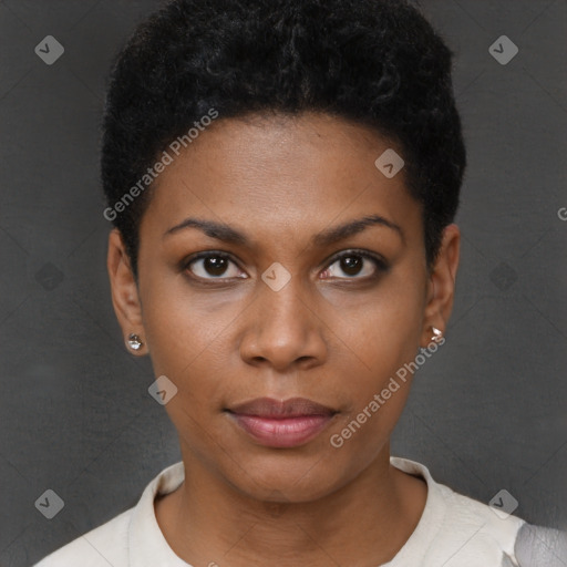 Neutral black young-adult female with short  black hair and brown eyes