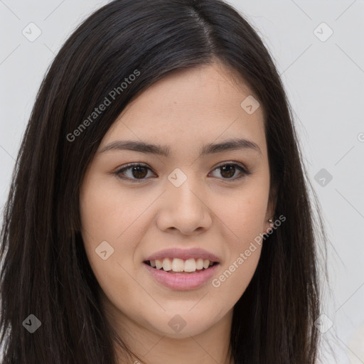 Joyful asian young-adult female with long  brown hair and brown eyes