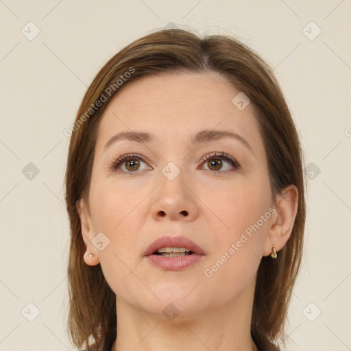 Neutral white young-adult female with medium  brown hair and brown eyes