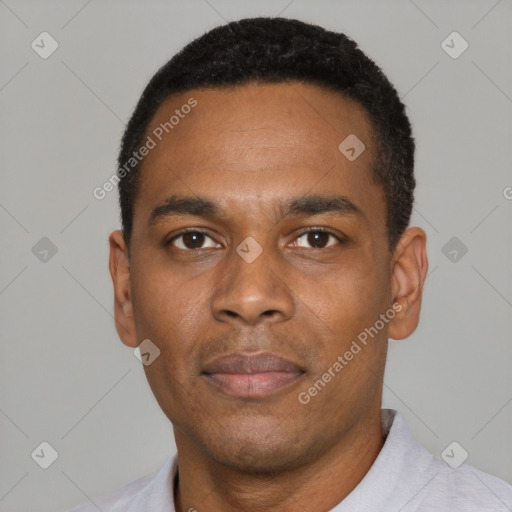 Neutral black young-adult male with short  black hair and brown eyes