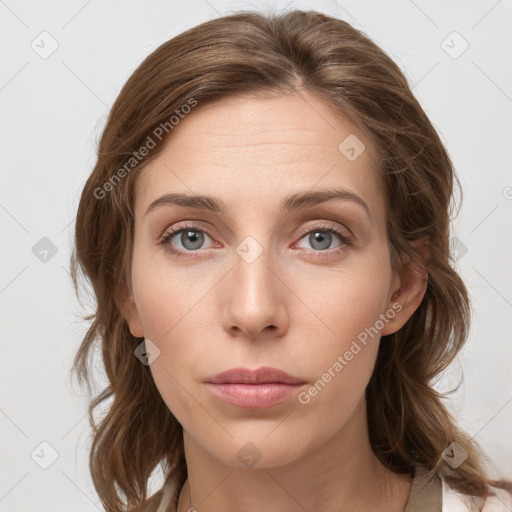 Neutral white young-adult female with medium  brown hair and grey eyes