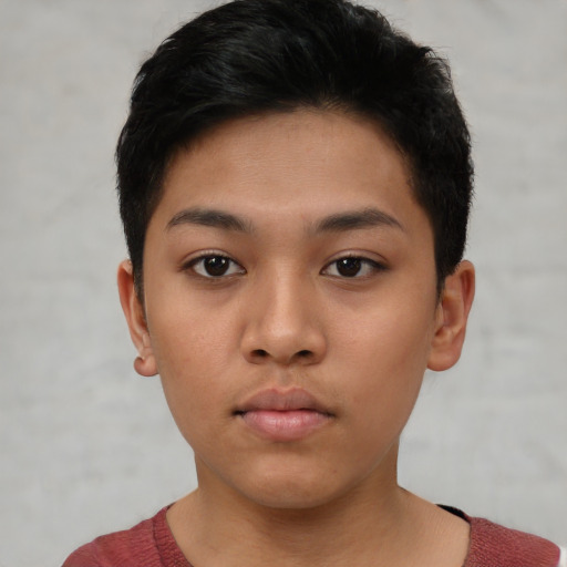 Neutral asian young-adult female with short  brown hair and brown eyes