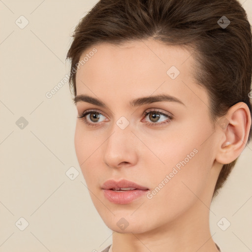 Neutral white young-adult female with short  brown hair and brown eyes