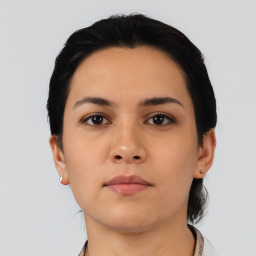 Neutral asian young-adult female with medium  black hair and brown eyes