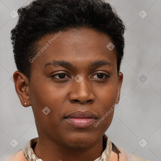 Neutral black young-adult female with short  brown hair and brown eyes