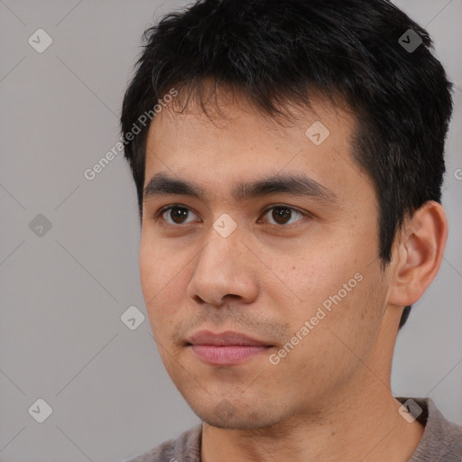 Neutral asian young-adult male with short  black hair and brown eyes