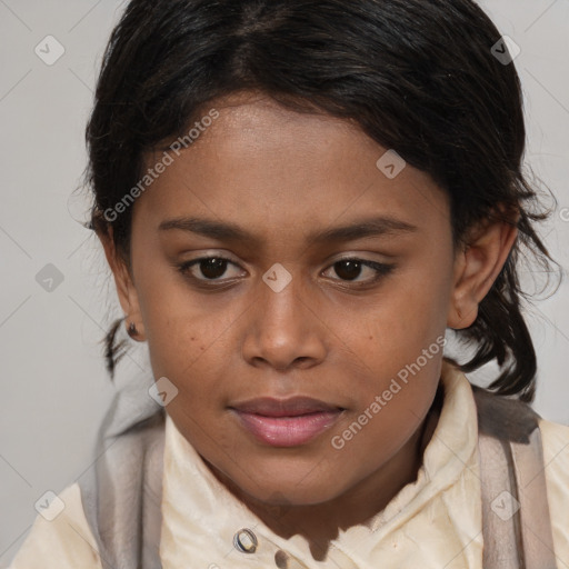 Joyful white child female with medium  brown hair and brown eyes