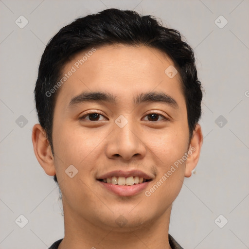 Joyful asian young-adult male with short  black hair and brown eyes