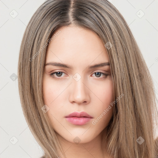 Neutral white young-adult female with long  brown hair and brown eyes