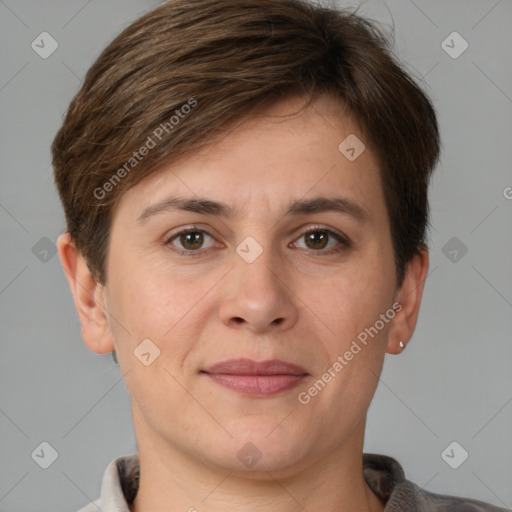 Joyful white young-adult female with short  brown hair and brown eyes