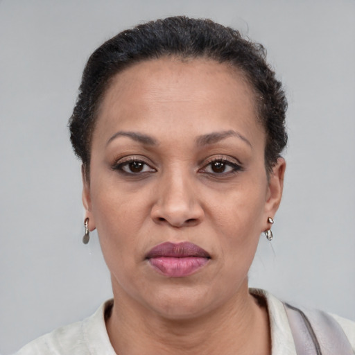 Joyful black adult female with short  brown hair and brown eyes