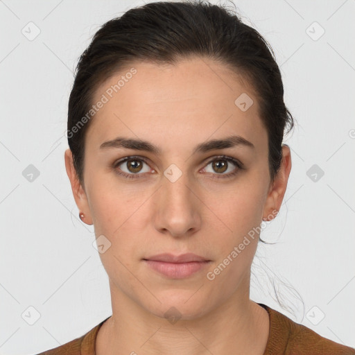 Neutral white young-adult female with short  brown hair and brown eyes