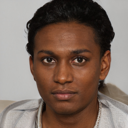 Neutral black young-adult male with short  black hair and brown eyes