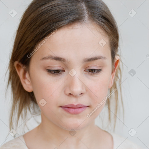 Neutral white young-adult female with medium  brown hair and brown eyes