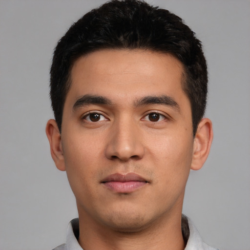 Neutral asian young-adult male with short  black hair and brown eyes