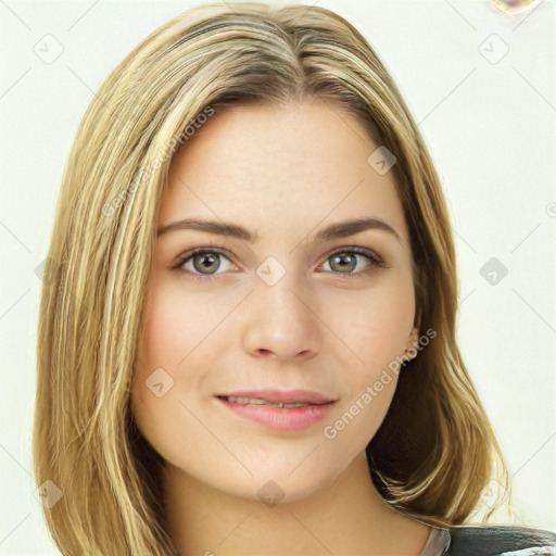 Joyful white young-adult female with long  brown hair and green eyes