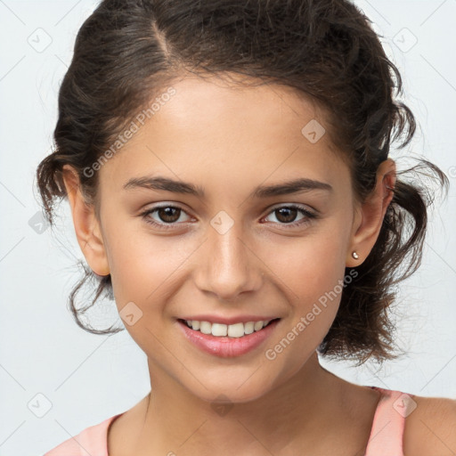 Joyful white child female with medium  brown hair and brown eyes