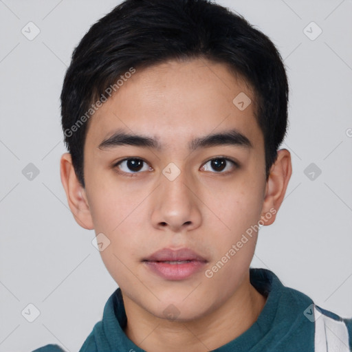 Neutral asian young-adult male with short  brown hair and brown eyes