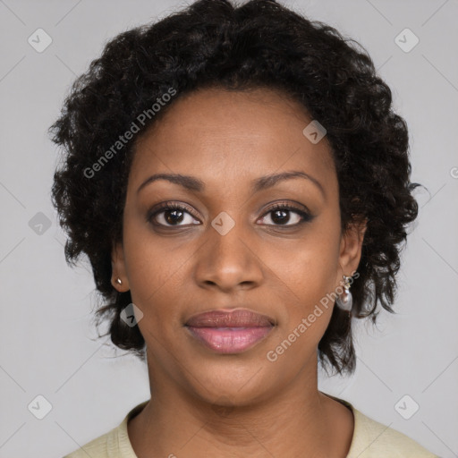 Joyful black young-adult female with medium  black hair and brown eyes