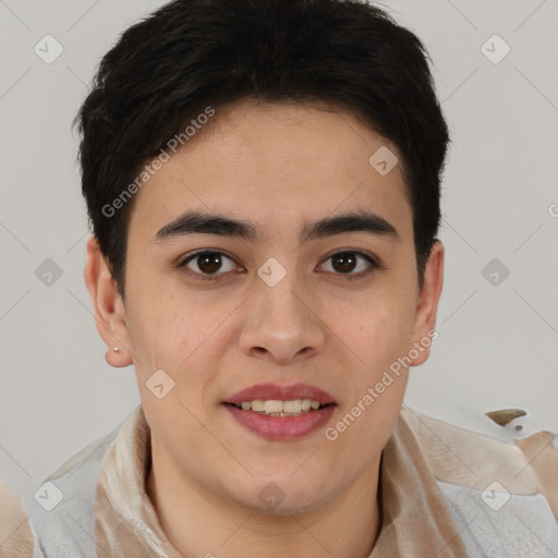 Joyful asian young-adult male with short  brown hair and brown eyes