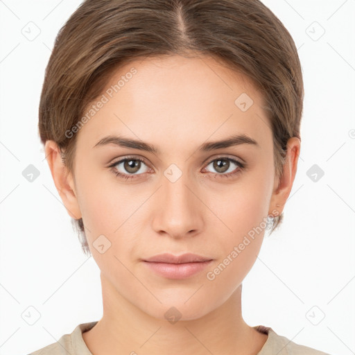 Neutral white young-adult female with short  brown hair and brown eyes