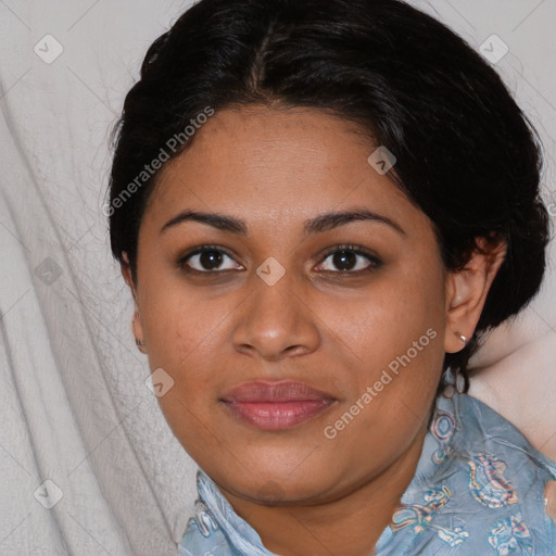 Joyful latino young-adult female with medium  brown hair and brown eyes