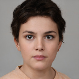 Neutral white young-adult female with short  brown hair and brown eyes