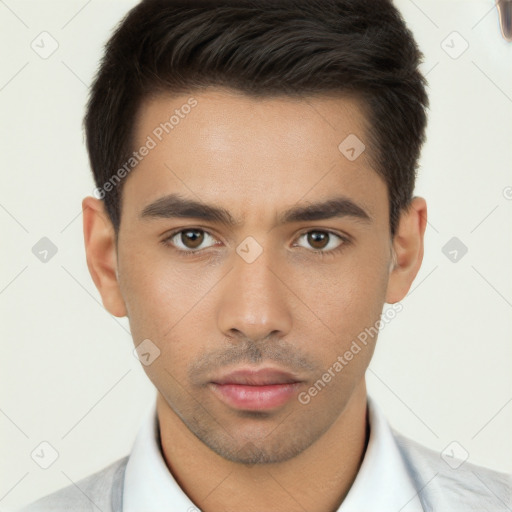 Neutral white young-adult male with short  brown hair and brown eyes