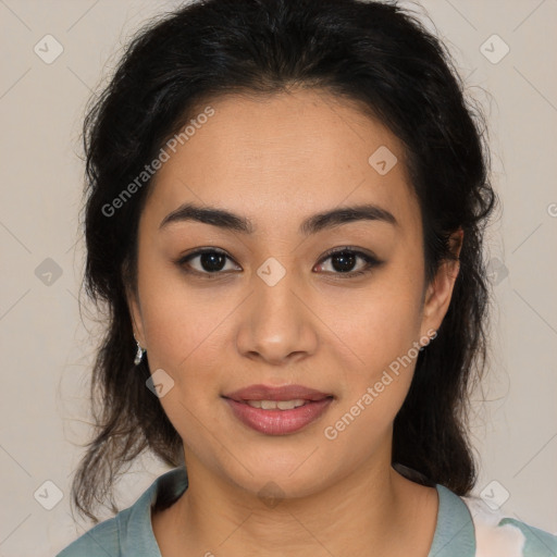 Joyful latino young-adult female with medium  brown hair and brown eyes