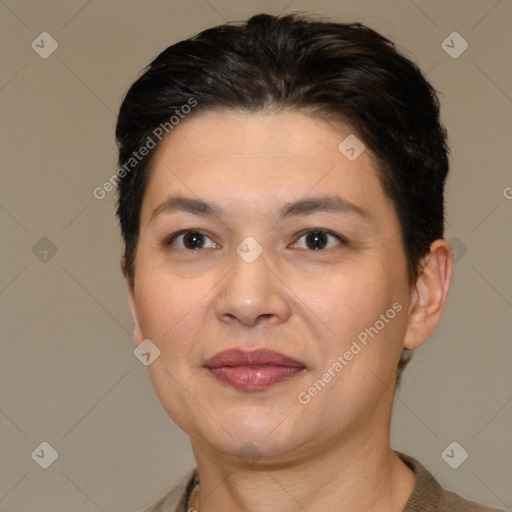 Joyful white adult female with short  brown hair and brown eyes