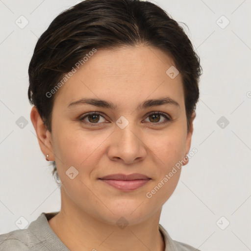 Joyful white young-adult female with short  brown hair and brown eyes