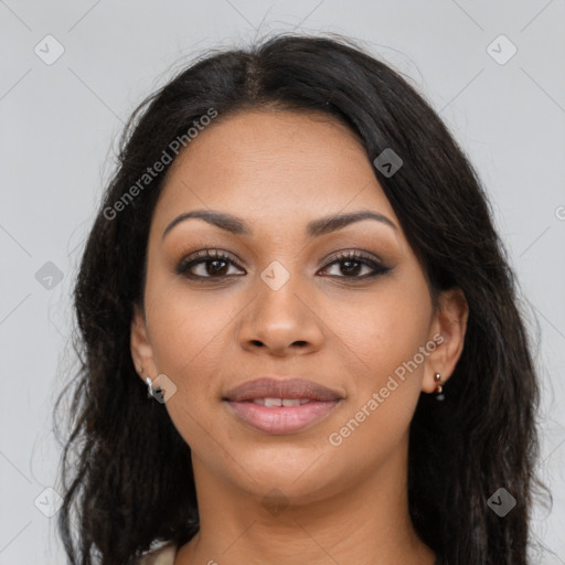 Joyful latino young-adult female with long  brown hair and brown eyes