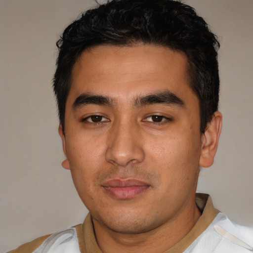 Neutral latino young-adult male with short  black hair and brown eyes