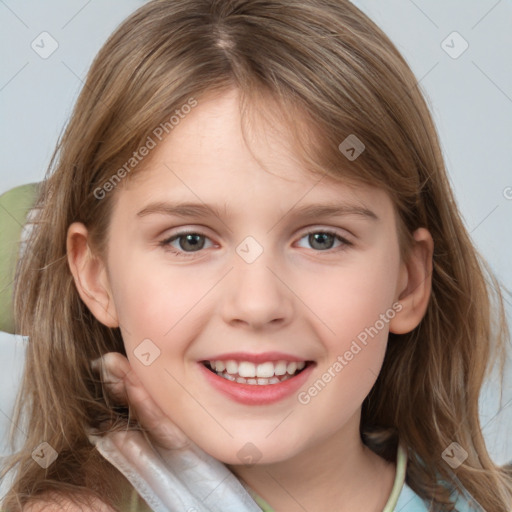 Joyful white child female with medium  brown hair and grey eyes