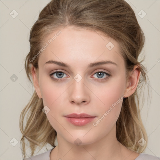 Neutral white young-adult female with medium  brown hair and grey eyes