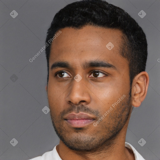 Neutral latino young-adult male with short  black hair and brown eyes