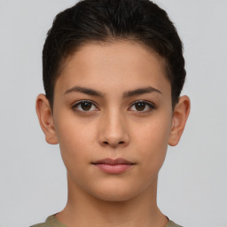 Neutral white young-adult female with short  brown hair and brown eyes