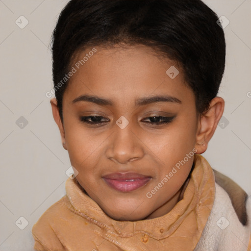 Joyful latino young-adult female with short  brown hair and brown eyes