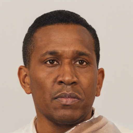 Neutral black adult male with short  black hair and brown eyes