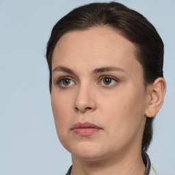 Neutral white young-adult female with short  brown hair and brown eyes