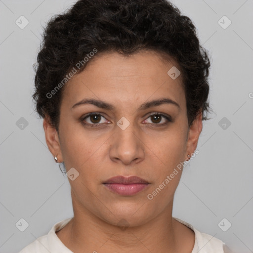 Neutral white young-adult female with short  brown hair and brown eyes