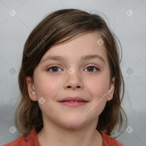 Joyful white child female with medium  brown hair and brown eyes