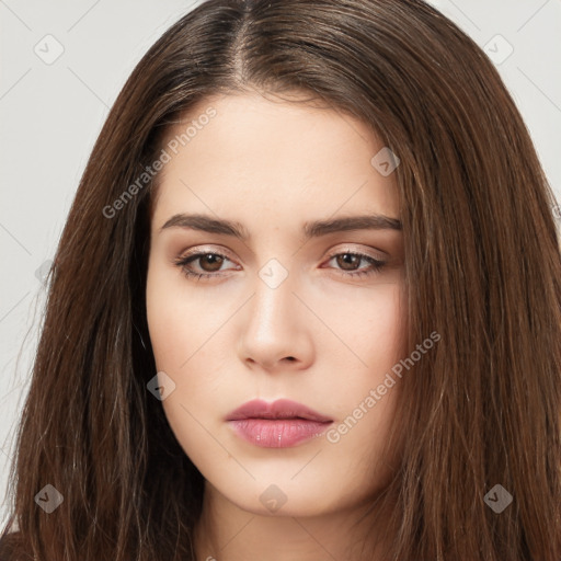 Neutral white young-adult female with long  brown hair and brown eyes