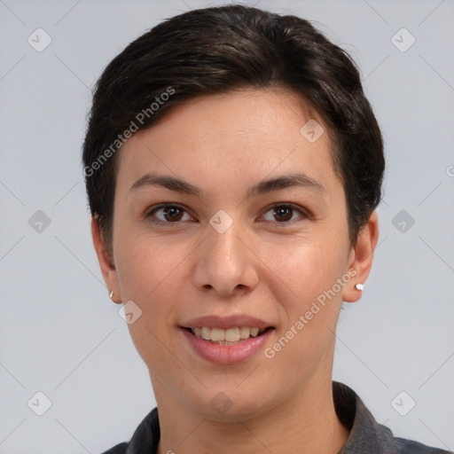 Joyful white young-adult female with short  brown hair and brown eyes