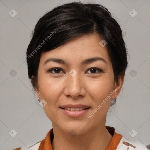 Joyful white young-adult female with medium  brown hair and brown eyes