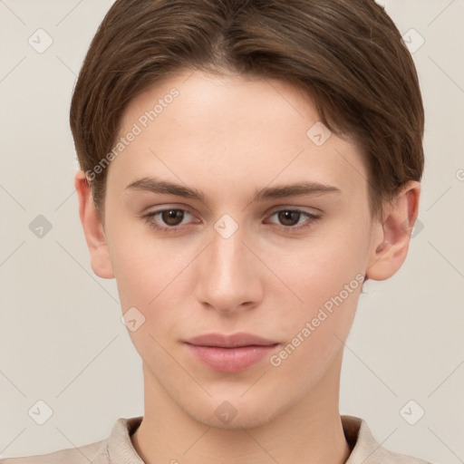 Neutral white young-adult female with short  brown hair and brown eyes