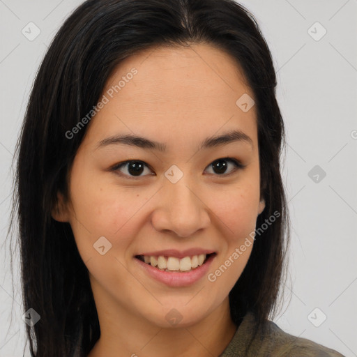 Joyful asian young-adult female with medium  brown hair and brown eyes