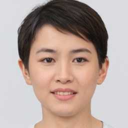 Joyful asian young-adult female with short  brown hair and brown eyes