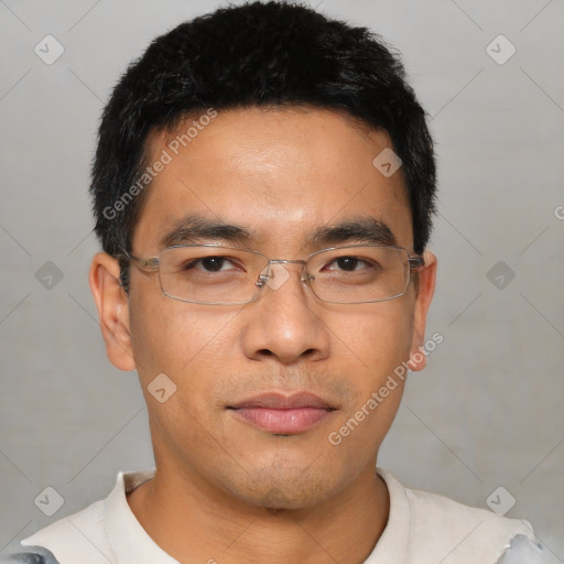 Neutral asian young-adult male with short  brown hair and brown eyes
